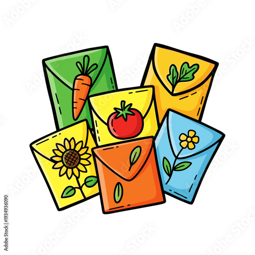 Seed storage envelopes in bold graphic vector illustration with flat vibrant colors for gardening organization