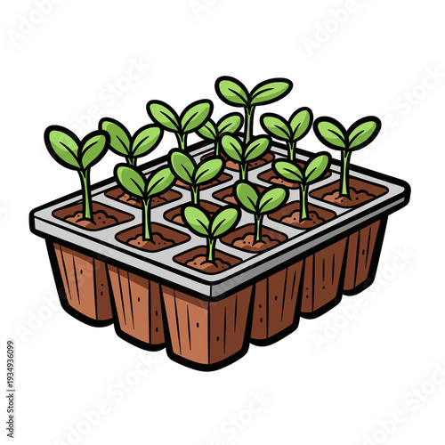 Seed starter tray with sprouts in bold graphic vector illustration with flat vibrant colors for gardening growth
