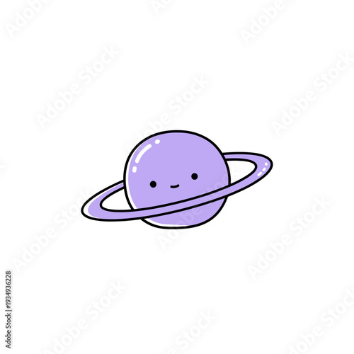 Small planet with a ring in ultra-minimal doodle style with friendly mood against white background with copy space