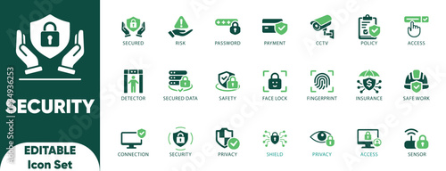 Security Icon Set. safety, protection, privacy, cybersecurity, password, editable, fingerprint, and vector icons.