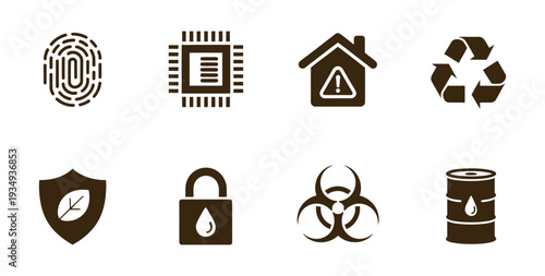 Environmental safety icon set, collection of eight tan flat vector symbols on black background representing recycling, biohazard, technology, industrial protection, and security concepts for eco aware