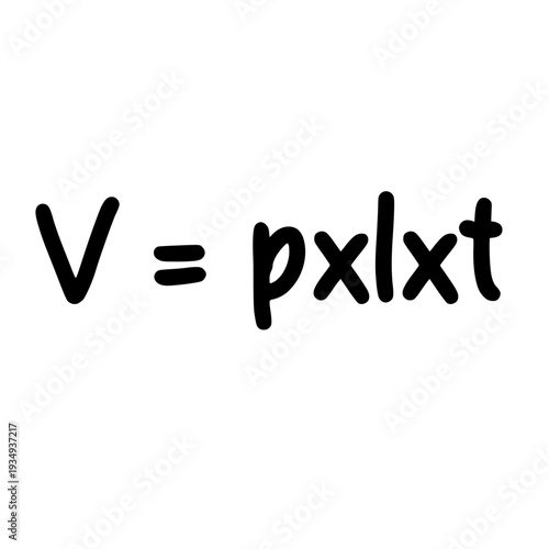 Handwritten rectangular prism volume formula V equals p times l times t isolated on light background.
