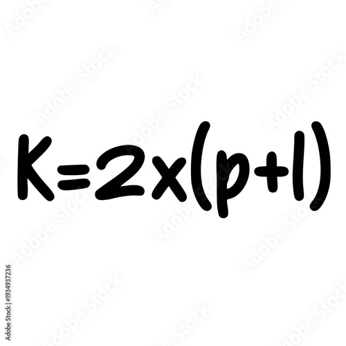 Handwritten rectangle perimeter formula K equals two times p plus l isolated on light background.
