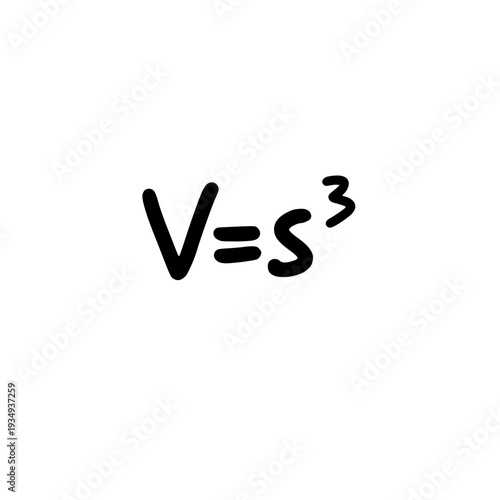 Handwritten cube volume formula V equals s cubed isolated on light background simple geometry concept illustration.
