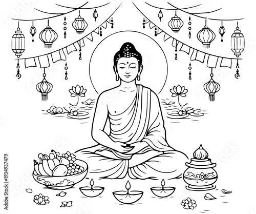 Line Art of The Vesak Celebration of Buddha
