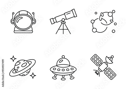 Minimalist space line icon set, white outline vector collection featuring astronaut helmet, telescope, ringed planet, flying saucer, and satellite in clean simple style for science and astronomy desig