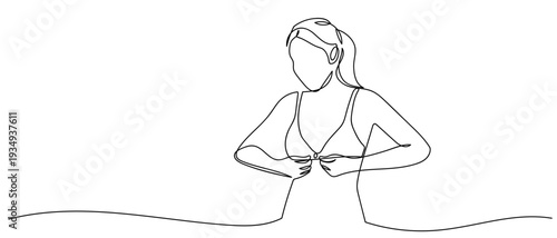 One continuous line outlines a woman wearing a bra. Editable stroke.
