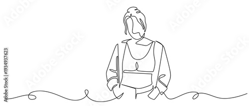 One continuous line outline of a woman exercising wearing a sports bra. Editable stroke.