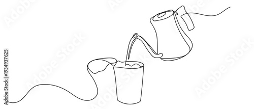 One continuous line outline of instant noodles being poured with hot water. Editable stroke.