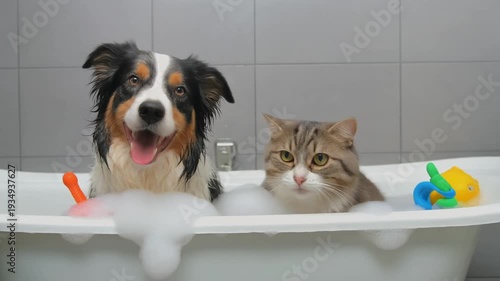 A border collie dog and an american shorthair cat in a bathtub with foam.