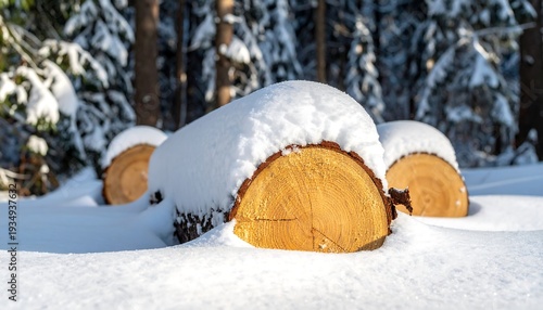 Snowy winter scene, showcasing three freshly cut tree logs covered in a blanket of pristine snow