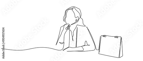 A businesswoman sits with her chin resting on her hand at a table, with a desk calendar beside her. Editable stroke.