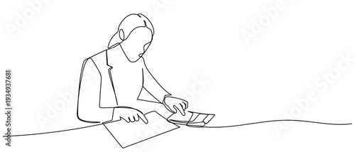 One continuous line outline of an accountant calculating accounting information using a calculator. Editable stroke.