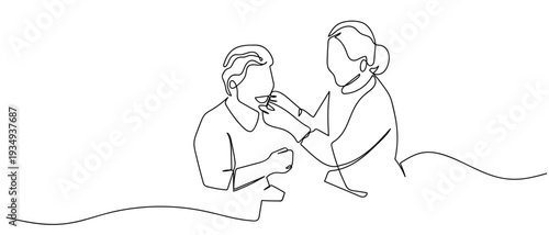 One continuous line outline of  The dentist is examining the teeth of an elderly person. Editable stroke.