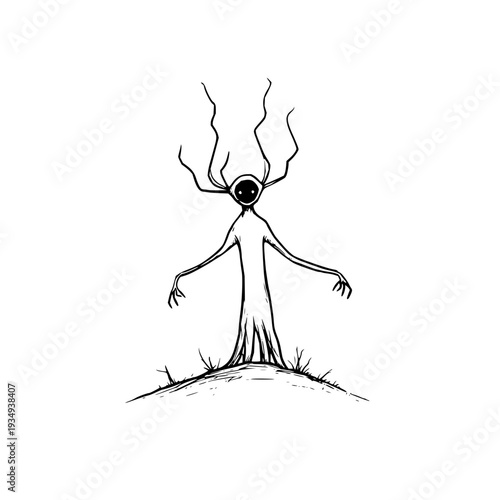 A creepy stick figure with long arms and antennae standing on a hill with sparse grass on a white background conveying a sense of eeriness and isolation