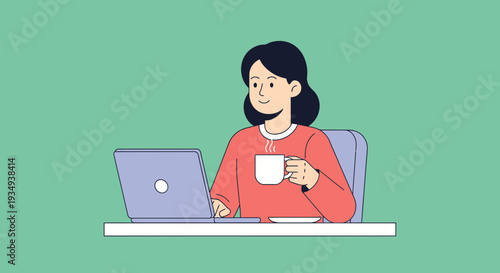 A young woman with dark hair, wearing a red sweater, sits at a desk with a laptop and a steaming mug of coffee.
