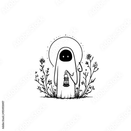 Whimsical ghost holding lantern surrounded by wildflowers in moonlight mystical atmosphere eerie yet serene scene
