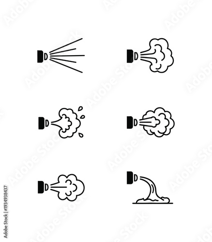 Spray Nozzle Action Icon Set. Black and White Silhouette Mist Foam Liquid Stream Symbols
