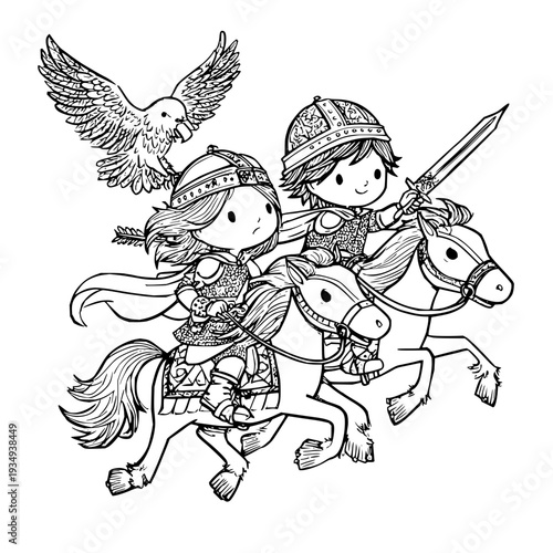 Knight and lady on horseback with eagle companion in medieval fantasy setting