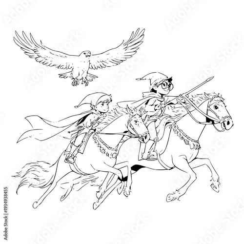 Medieval knight and soldier riding horses with flying eagle overhead in action scene