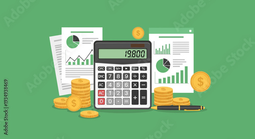 Illustration of a calculator, stacks of coins, and financial charts representing business and accounting concepts.