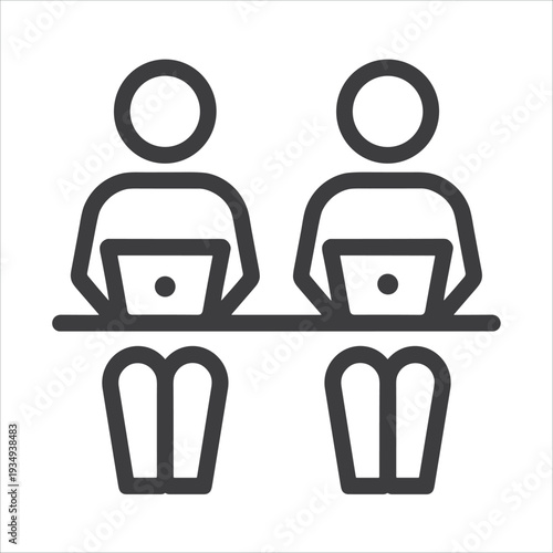 Two people working on laptops at a table icon on white background Keywords: people, work, laptop, computer, table, desk, office