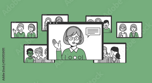 Diverse group of people participating in a video conference call with a central instructor or presenter.