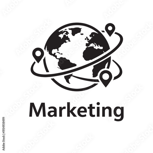 Black and white marketing globe with location pins earth