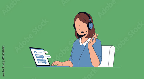 A customer service representative wearing a headset and typing on a laptop, with chat bubbles visible on the screen.