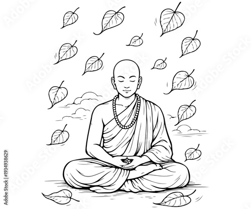 Line Art of Serene Transcendence: Monk Meditating Among Falling Bodhi Leaves
