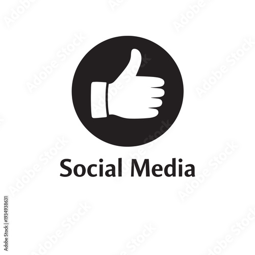Black circle with white thumbs up hand and social media text 1