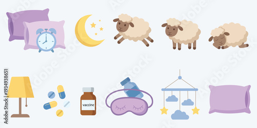 Sleep Essentials: A collection of elements related to sleep, featuring pillows, a clock, a crescent moon, sheep, a lamp, pills, medicine bottle, sleeping mask, and a mobile.