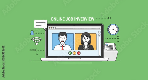Illustration of an online job interview taking place on a laptop screen with two people communicating via video call.