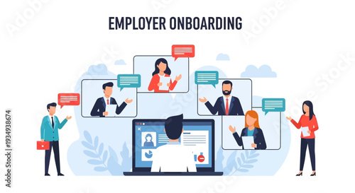 Illustration of employer onboarding process with remote team members communicating via video conference on a laptop screen.