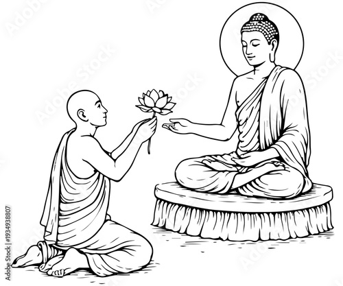 Line Art of Novice Monk Offering a Lotus Flower to the Buddha