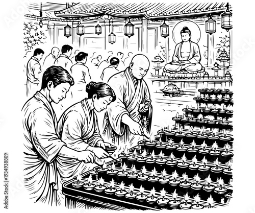 Line Art of Devotees Lighting Ritual Lamps at a Buddhist Temple