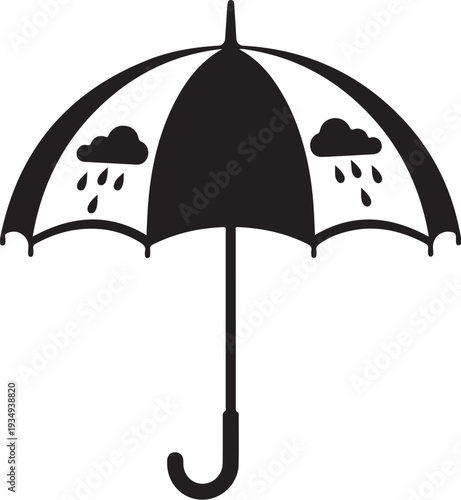 Black umbrella with rain clouds and raindrops illustration graphic