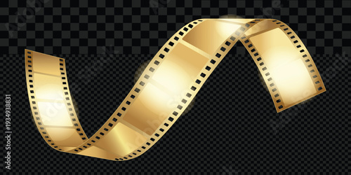 Golden Film Reel: A shimmering golden film reel, gracefully twisting against a transparent backdrop, symbolizing the magic of cinema and the art of storytelling.