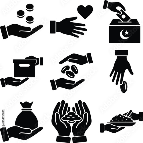 Setoficongraphicsshowcasingcharitabledonationsvotingsocialcontributionsandhumanitarianactionsisolatedontransparentbackground