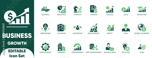 Growth vector Icon Set. graph, gain, evolution, increase, profit, progress, improvement, target, success, performance, advancement, and solid icons.
