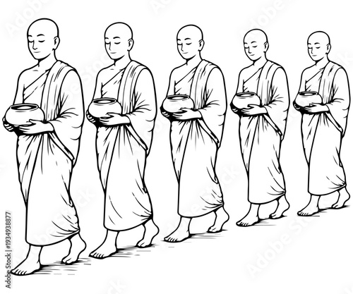 Line Art of Buddhist Monks Walking in Procession with Alms Bowls