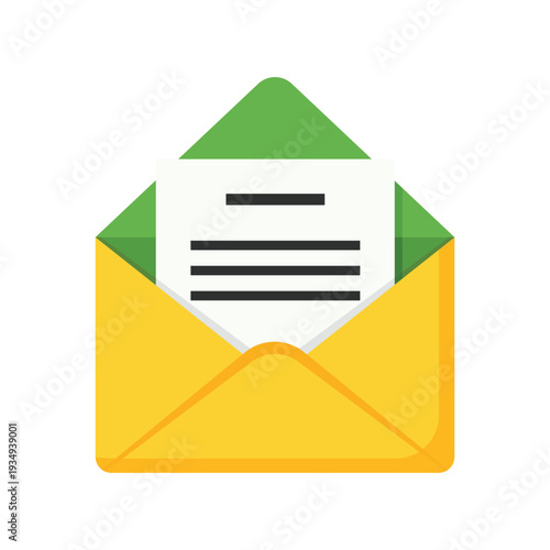 Open Envelope and Letter: A vibrant illustration showcasing a yellow envelope, opened to reveal a letter with lines of text, symbolizing communication, messages, and correspondence.