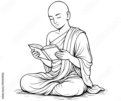 Line Art of Buddhist Monk Kneeling in Prayer with Mala Beads