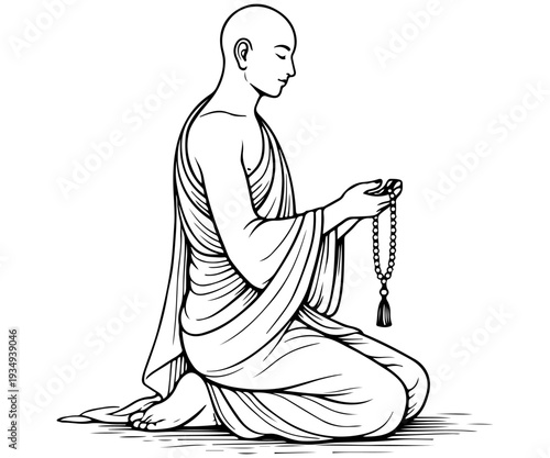 Line Art of Buddhist Monk Meditating with Prayer Beads