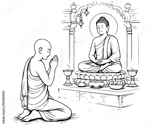 Line Art of Buddhist Monk Praying Before a Statue of Buddha