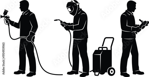 Industrial worker silhouettes featuring professional spray painter welder with gas tank and technician using angle grinder for automotive repair manufacturing and metalwork engineering
