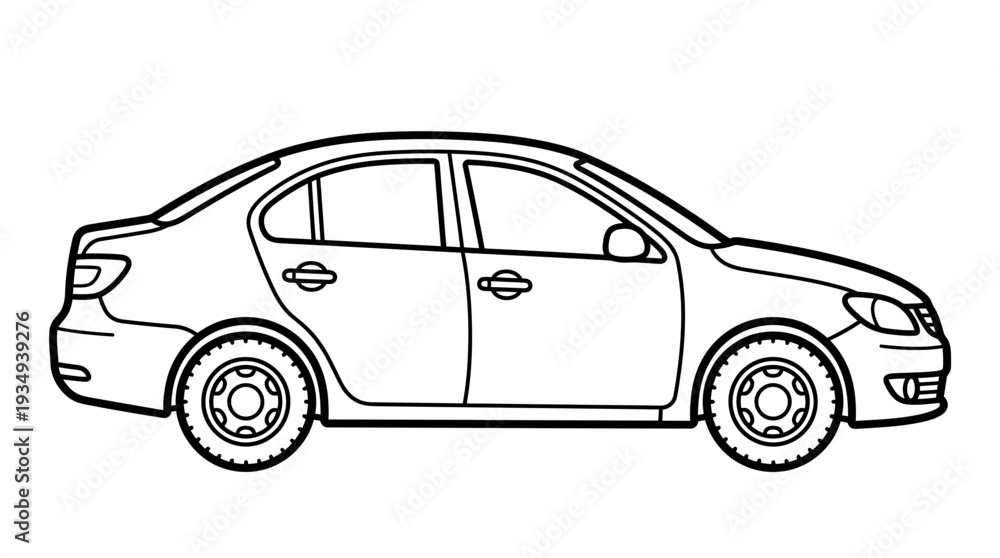 Naklejka premium Black and white sedan car outline, side view