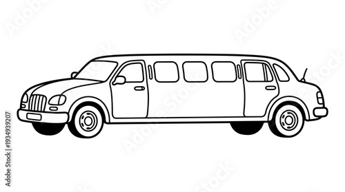 Black and white illustration of a long stretch limousine, side view