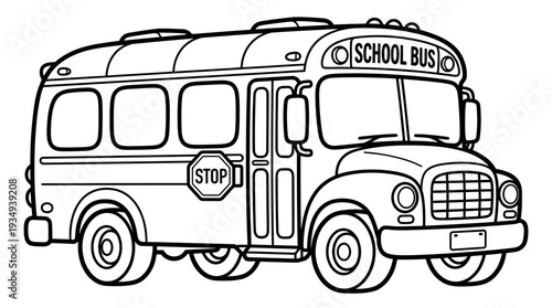 Black and white illustration of a school bus with stop sign