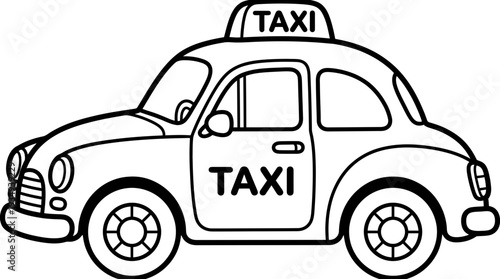 Black and white line drawing of a cartoon taxi car